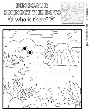 Vector black and white dot-to-dot and color activity with tyrannosaur, prehistoric scene. Dinosaur connect the dots game, coloring page. What is missing printable worksheet with T-rex 120080253