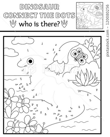 Vector black and white dot-to-dot and color activity with parasaurolophus, line prehistoric scene. Dinosaur connect the dots game, coloring page. What is missing printable worksheet Vector black and white dot-to-dot and color activity with parasaurolophus, line prehistoric scene. Dinosaur connect the dots game, coloring page. What is missing printable worksheet 120080256