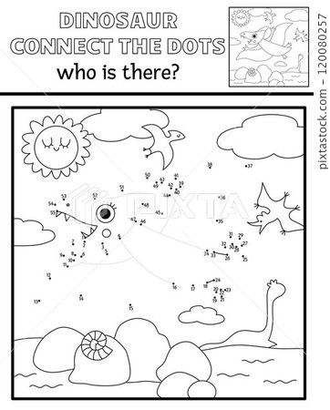 Vector black and white dot-to-dot and color activity with pterosaur, line prehistoric scene. Dinosaur connect the dots game, coloring page. What is missing printable worksheet 120080257