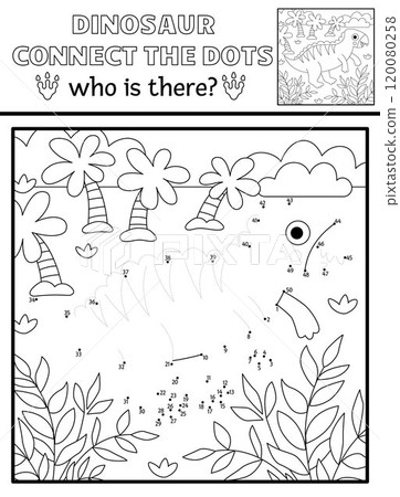 Vector black and white dot-to-dot and color activity with iguanodon, line prehistoric scene. Dinosaur connect the dots game or coloring page. What is missing printable worksheet Vector black and white dot-to-dot and color activity with iguanodon, line prehistoric scene. Dinosaur connect the dots game or coloring page. What is missing printable worksheet 120080258