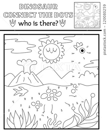 Vector black and white dot-to-dot and color activity with plesiosaur, line prehistoric scene. Dinosaur connect the dots game, coloring page for children. What is missing printable worksheet Vector black and white dot-to-dot and color activity with plesiosaur, line prehistoric scene. Dinosaur connect the dots game, coloring page for children. What is missing printable worksheet 120080259