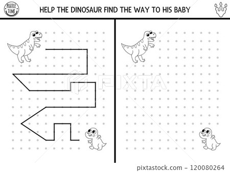 Dinosaur black and white drawing, writing, tracing, space orientation activity for kids. Draw lines according example. Preschool prehistoric printable game, puzzle with T-rex parent and baby 120080264