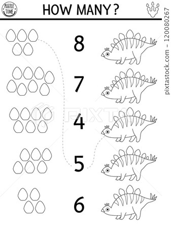 Black and white match the numbers dinosaur game with stegosaur and bony plates. Prehistoric line math activity, coloring page for kids. Dino educational counting worksheet with ancient animal 120080267
