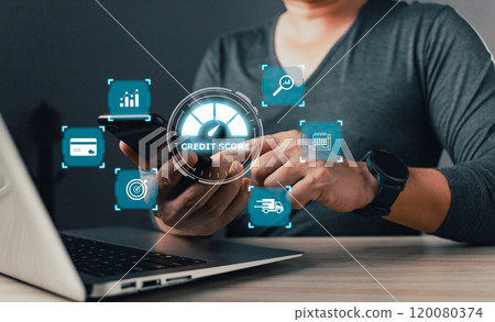 man use smartphone credit report score to plan in e-business, and buy or purchase produce payment online. The concept of finance and online shopping. 120080374