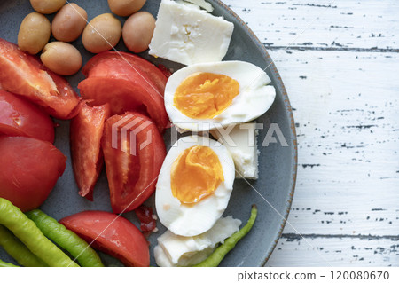 healthy breakfast with boiled eggs and salad healthy breakfast with boiled eggs and salad 120080670