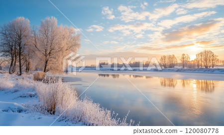 A winter morning landscape of a frozen river, trees covered in frost, and the rays of the rising sun reflected on the water 120080778