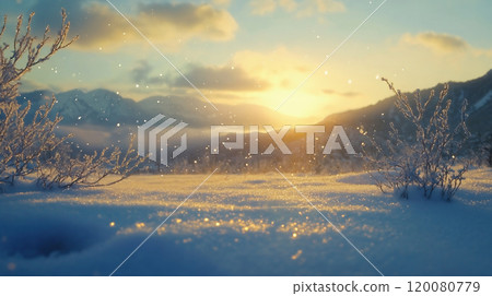 冬天早晨的雪景、山脈和冰凍的草地在早晨的陽光下閃閃發光 120080779