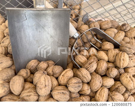 whole walnuts at market with blank label or tag 120080875