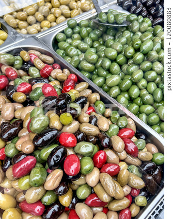 colorful pickled olive fruits at market colorful pickled olive fruits at market 120080883