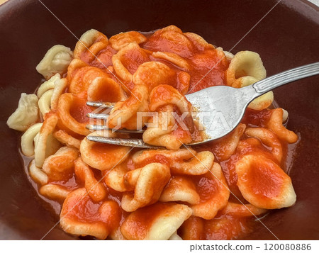 cooked orecchiette pasta with delicious tomato sauce cooked orecchiette pasta with delicious tomato sauce 120080886