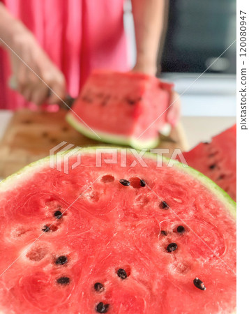halved cut section fresh and ripe watermelon fruit halved cut section fresh and ripe watermelon fruit 120080947