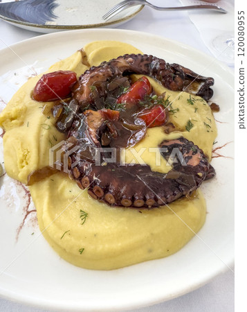 Grilled Galician octopus legs with mashed puree on plate 120080955