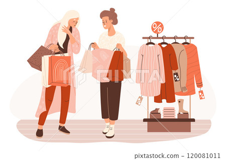 Shopping. Seasonal sale in store. Cute couple women girlfriends buyers near store rack with fashionable clothes and things. Vector illustration. Holiday shopper character, purchase, Black Friday. Shopping. Seasonal sale in store. Cute couple women girlfriends buyers near store rack with fashionable clothes and things. Vector illustration. Holiday shopper character, purchase, Black Friday. 120081011