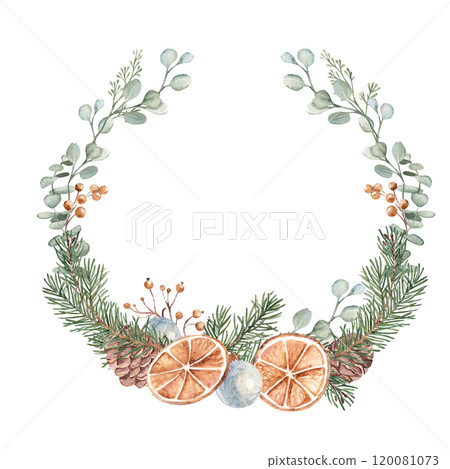 Christmas Wreath with Winter plants and blue Glass ball. Hand drawn Botanical Illustration of Fir Branches, Eucalyptus, Pine Cones and dried Orange slices isolated on white background. For Cards Christmas Wreath with Winter plants and blue Glass ball. Hand drawn Botanical Illustration of Fir Branches, Eucalyptus, Pine Cones and dried Orange slices isolated on white background. For Cards 120081073