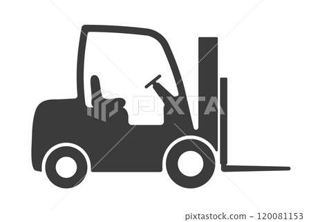 Fork truck or forklift icon symbol. Logistic forklift truck logo sign.  Safety Unloading, cargo and boxes. Warehouse machine. Vector illustration. Isolated on white background. 120081153