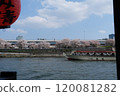 Yatai boats passing through the Sumida River with cherry blossoms in full bloom 120081282