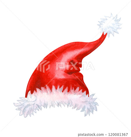Bright red hat with white fur of Santa Claus in watercolor illustration. Christmas template for greeting cards, borders, banners, scrapbook, textile, wrapping paper for New Year celebration 120081367