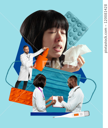 Woman sneezing with medical staff on background holding medications, healthcare support during cold season. Contemporary art collage. 120081428