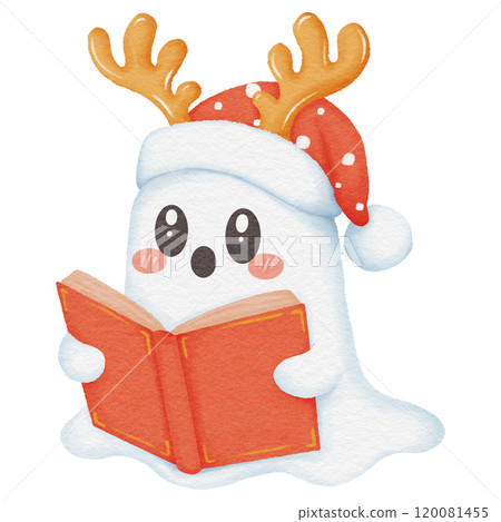 Adorable Christmas ghost reading a book, an enchanting seasonal artwork perfect for cozy winter storytelling 120081455