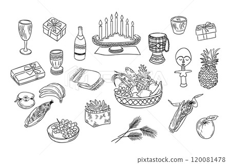 Kwanzaa doodle set with traditional elements. Kwanzaa doodle set with traditional elements. 120081478