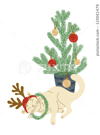 Lazy funny vector cat under Christmas tree Lazy funny vector cat under Christmas tree 120081479