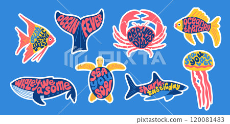 Colorful sea life stickers with playful phrases 120081483
