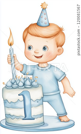 A joyful boy celebrating his first birthday with a cake and candle in a festive atmosphere A joyful boy celebrating his first birthday with a cake and candle in a festive atmosphere 120081567