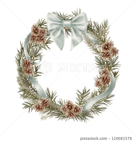 Vintage wreath from green spruce branches,spruce cones with a blue silk ribbon and bow in realistic style as a symbol of Christmas,new year,holidays.For decorating your cards,envelopes on white  120081578