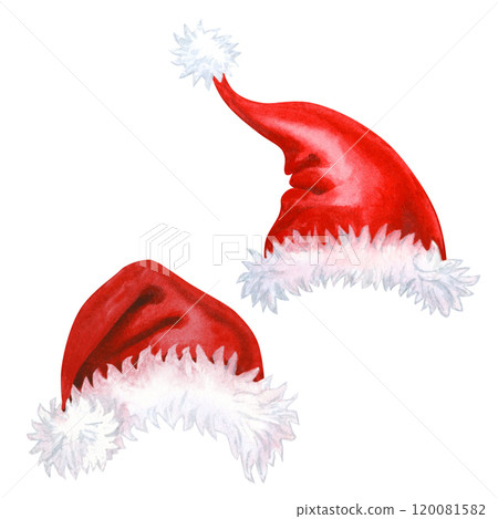 Bright red hats with white fur of Santa Claus in watercolor illustration. Two Christmas templates for greeting cards, borders, banners, scrapbook, textile, wrapping paper for New Year celebration 120081582