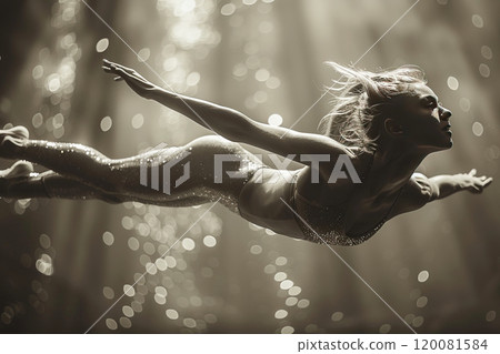 A graceful gymnast performs a stunning aerial routine in a softly lit studio during practice 120081584
