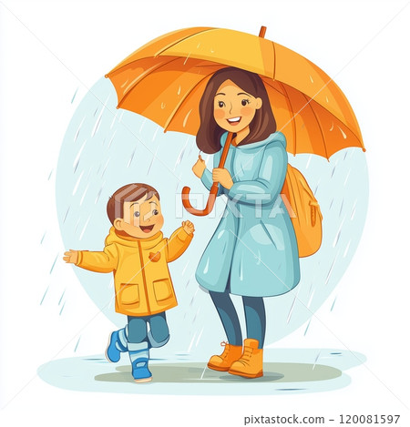 A mother and her child enjoy a rainy day with an umbrella while playing outdoors together 120081597