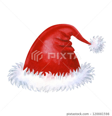 Bright red hat with white fur of Santa Claus in watercolor illustration. Christmas template for greeting cards, borders, banners, scrapbook, textile, wrapping paper for New Year celebration 120081598