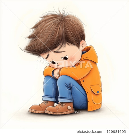 Young boy in orange jacket sitting with a sad expression, reflecting on his feelings indoors 120081603