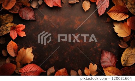 Autumn leaves arranged around a textured dark background creating a seasonal decor 120081604