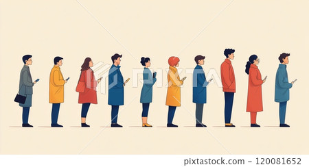 People standing in line, engaged with their smartphones in a brightly colored urban setting 120081652