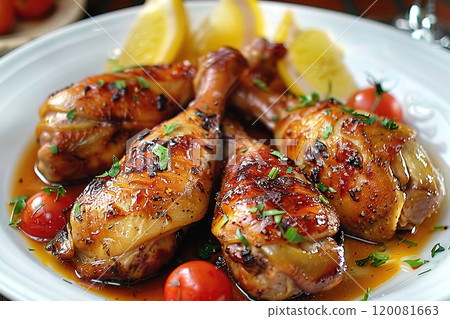 Deliciously glazed fried quail and chicken legs served with lemon and cherry tomatoes 120081663