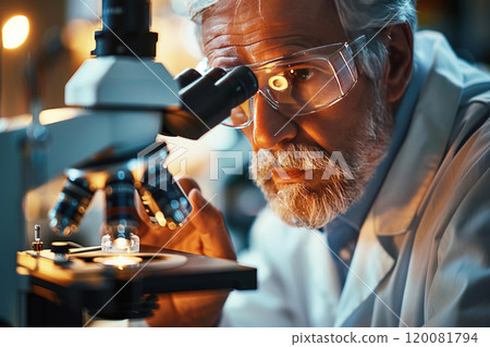 Scientist examining samples through a microscope in a bright laboratory environment 120081794