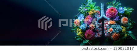 Lungs transformed into vibrant vegetation with blooming flowers symbolizing health and vitality 120081817