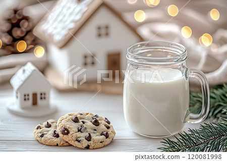 Festive cookies and milk beside charming white houses with holiday lights in a cozy setting Festive cookies and milk beside charming white houses with holiday lights in a cozy setting 120081998
