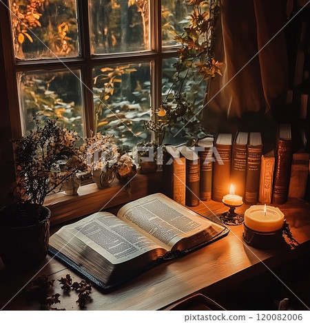 A cozy reading nook with an open book and candles during autumn sunset 120082006