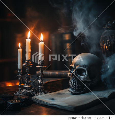 A dark and moody candlelit setup featuring a skull on an open book in a dimly lit room 120082018