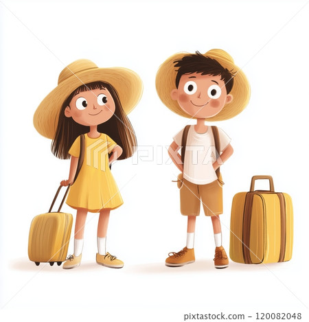 Two children in summer outfits prepare for a fun trip with luggage and sun hats 120082048
