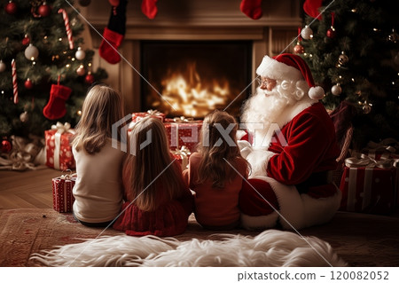 Children eagerly listen to Santa Claus during a cozy Christmas gathering near the fireplace 120082052
