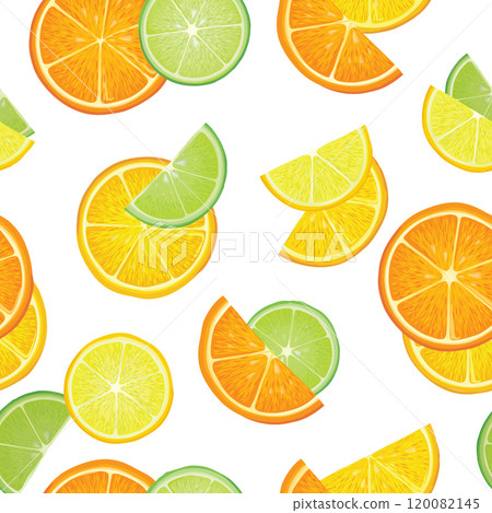 Fresh fruits summer seamles pattern. Fresh orange, lime sliced pieces. Vector colorful drawing wavy background with fruits. 120082145
