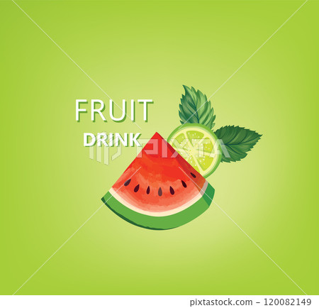 Fresh fruits with mint leaves. Fresh watermelon, lime, mint sliced pieces. Vector colorful background with fruits juice drink. Fresh fruits with mint leaves. Fresh watermelon, lime, mint sliced pieces. Vector colorful background with fruits juice drink. 120082149