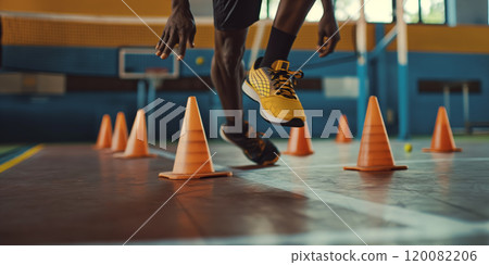 Athlete Practicing Agility Drills with Orange Cones in Indoor Sports Gym. Ai generative Athlete Practicing Agility Drills with Orange Cones in Indoor Sports Gym. Ai generative 120082206