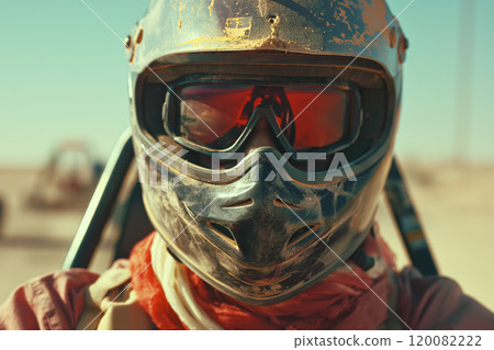 Adventure Enthusiast Wearing Helmet and Reflective Goggles in Desert Environment. Ai generative 120082222