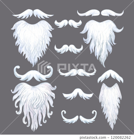White lush beard and mustache of Santa Claus isolated on gray background. Set of watercolor illustrations. Christmas template for greeting cards, scrapbook, textile, wrapping for New Year celebration White lush beard and mustache of Santa Claus isolated on gray background. Set of watercolor illustrations. Christmas template for greeting cards, scrapbook, textile, wrapping for New Year celebration 120082262