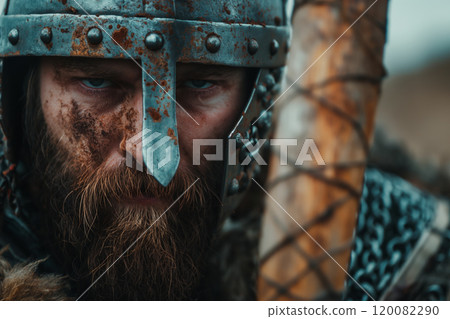 Medieval Warrior in Battle Gear with Fierce Expression During Historical Reenactment. Ai generative Medieval Warrior in Battle Gear with Fierce Expression During Historical Reenactment. Ai generative 120082290