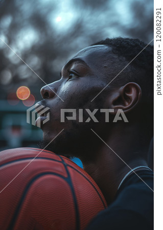 Pensive Basketball Player Holding Ball in Outdoor Court at Dusk. Ai generative Pensive Basketball Player Holding Ball in Outdoor Court at Dusk. Ai generative 120082291